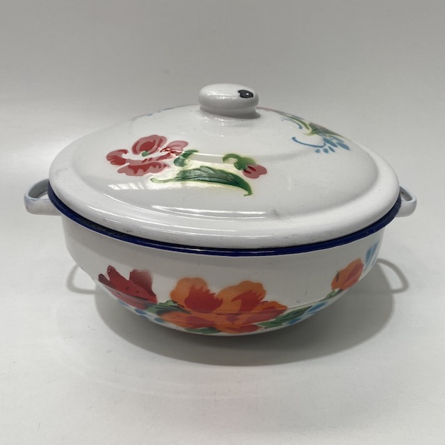 POTS n PANS, White Floral Enamel Pot w Lid - Medium